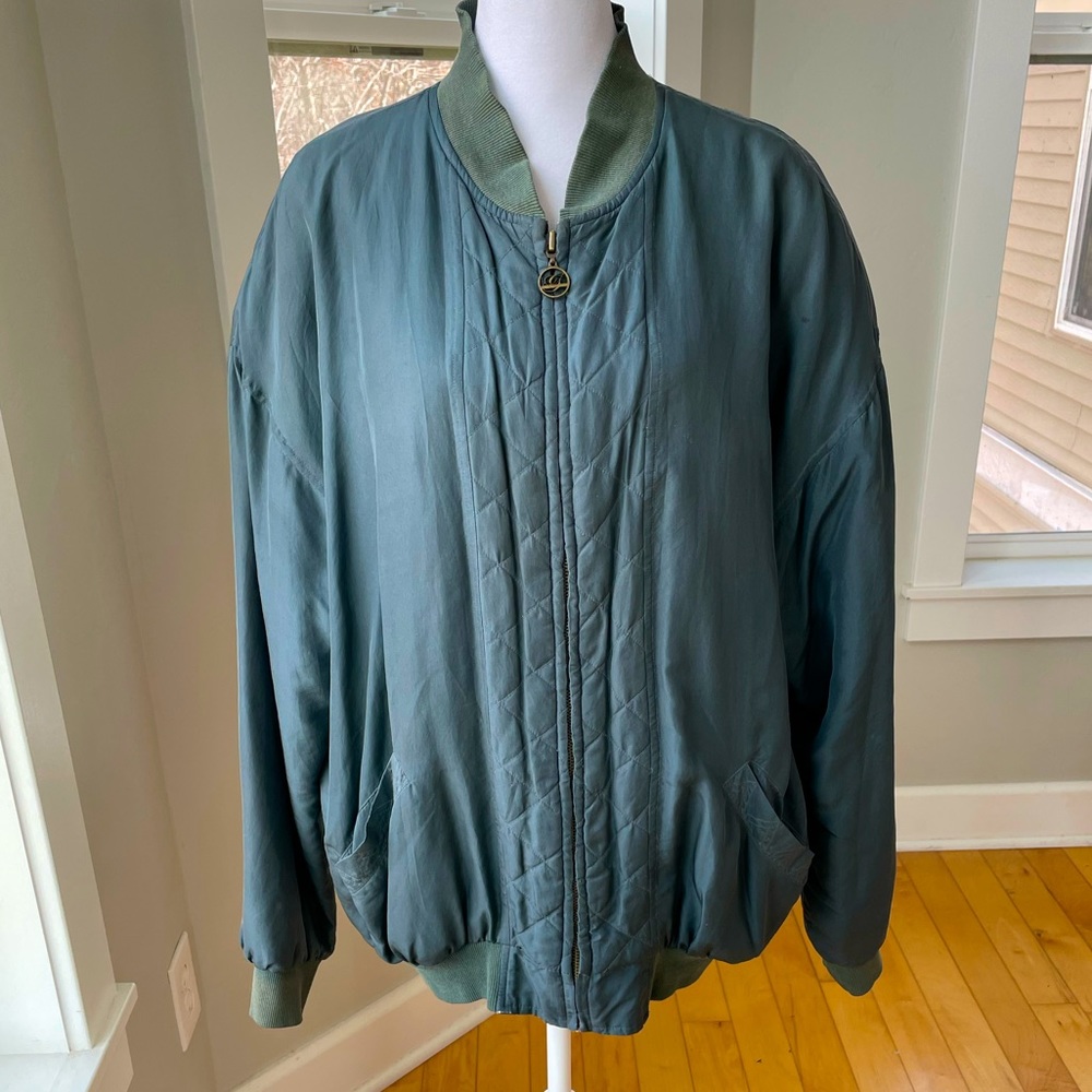 Vintage CV Bicci Teal Silk Quilted Oversized Bomber Jacket